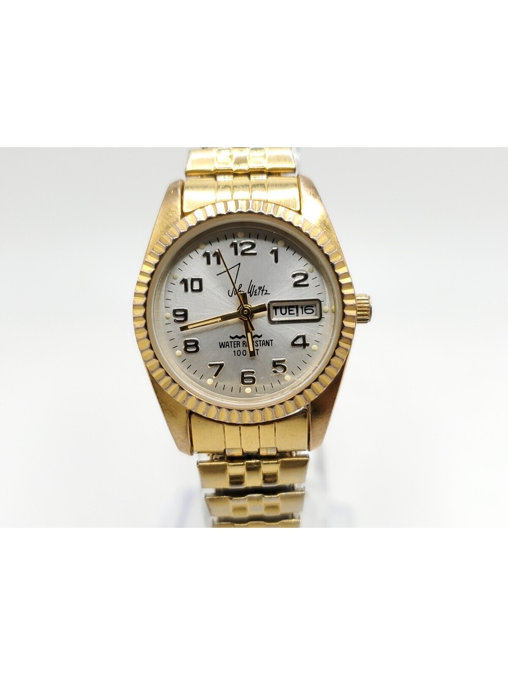 John Weitz Quartz Watch New Battery Gold Tone Silver Day/Date 24mm